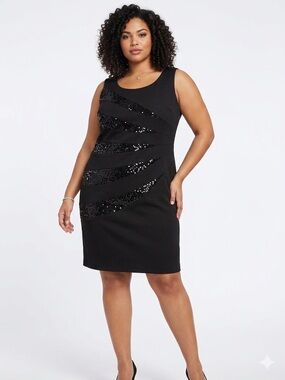 R&M Richards Black Asymmetrical Sequin Wave Sheath Cocktail Dress Plus 14W -511